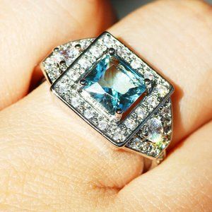 925 Silver Cyan Sapphire fashion ring size6